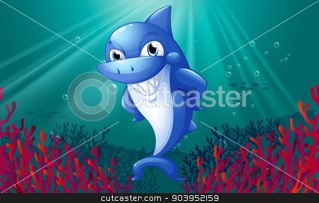 To use this stock image in your creative project, please select the size you need over to the right and click the "Add to Cart" button.
Your downloaded image will come with the Cutcaster watermark removed so don’t worry about the watermark you see on this page. A blue shark smiling under the sea stock vector clipart, Illustration of a blue shark smiling under the sea by Matthew Cole