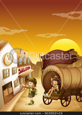 To use this stock image in your creative project, please select the size you need over to the right and click the "Add to Cart" button.
Your downloaded image will come with the Cutcaster watermark removed so don’t worry about the watermark you see on this page. A wagon with kids near a saloon stock vector clipart, Illustration of a wagon with kids near a saloon by Matthew Cole