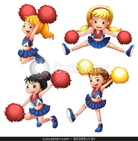 To use this stock image in your creative project, please select the size you need over to the right and click the "Add to Cart" button.
Your downloaded image will come with the Cutcaster watermark removed so don’t worry about the watermark you see on this page. Four cheerdancers with their pompoms stock vector clipart, Illustration of the four cheerdancers with their pompoms on a white background by Matthew Cole