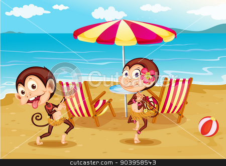 To use this stock image in your creative project, please select the size you need over to the right and click the "Add to Cart" button.
Your downloaded image will come with the Cutcaster watermark removed so don’t worry about the watermark you see on this page. A beach with two monkeys stock vector clipart, Illustration of a beach with two monkeys by Matthew Cole