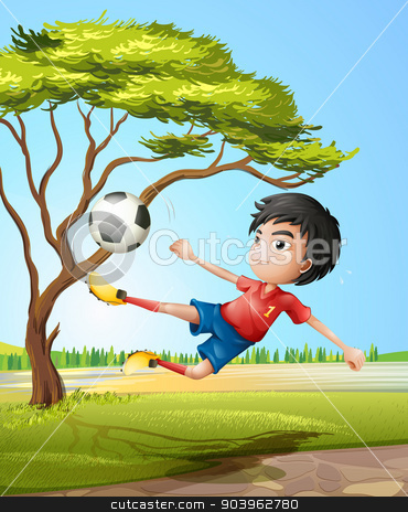To use this stock image in your creative project, please select the size you need over to the right and click the "Add to Cart" button.
Your downloaded image will come with the Cutcaster watermark removed so don’t worry about the watermark you see on this page. A boy playing soccer at the road stock vector clipart, Illustration of a boy playing soccer at the road by Matthew Cole