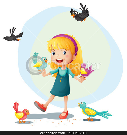 To use this stock image in your creative project, please select the size you need over to the right and click the "Add to Cart" button.
Your downloaded image will come with the Cutcaster watermark removed so don’t worry about the watermark you see on this page. A girl playing with the birds stock vector clipart, Illustration of a girl playing with the birds on a white background by Matthew Cole