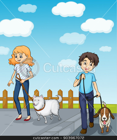 To use this stock image in your creative project, please select the size you need over to the right and click the "Add to Cart" button.
Your downloaded image will come with the Cutcaster watermark removed so don’t worry about the watermark you see on this page. A smiling girl and a boy having dog stock vector clipart, Illustration of a smiling girl and a boy having dog by Matthew Cole