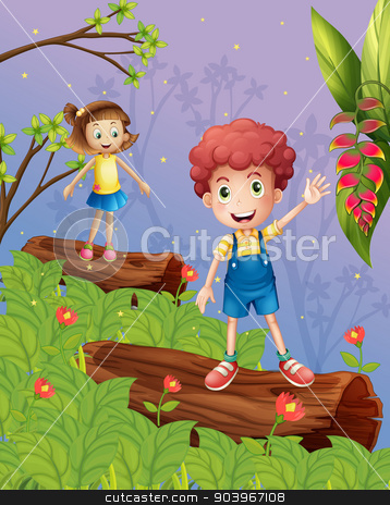 To use this stock image in your creative project, please select the size you need over to the right and click the "Add to Cart" button.
Your downloaded image will come with the Cutcaster watermark removed so don’t worry about the watermark you see on this page. Kids playing in the forest stock vector clipart, Illustration of kids playing in the forest by Matthew Cole