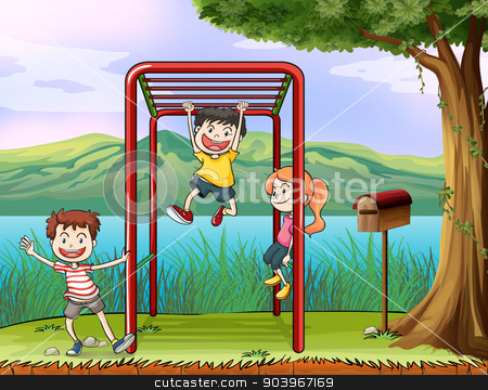 To use this stock image in your creative project, please select the size you need over to the right and click the "Add to Cart" button.
Your downloaded image will come with the Cutcaster watermark removed so don’t worry about the watermark you see on this page. Kids playing monkey bar and a letter box stock vector clipart, Illustration of kids playing monkey bar and a letter box by Matthew Cole