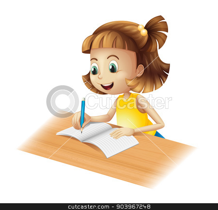 To use this stock image in your creative project, please select the size you need over to the right and click the "Add to Cart" button.
Your downloaded image will come with the Cutcaster watermark removed so don’t worry about the watermark you see on this page. A happy girl writing stock vector clipart, Illustration of a happy girl writing on a white background by Matthew Cole