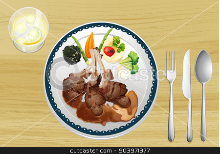 To use this stock image in your creative project, please select the size you need over to the right and click the "Add to Cart" button.
Your downloaded image will come with the Cutcaster watermark removed so don’t worry about the watermark you see on this page. A meat and salad in one dish stock vector clipart, Illustration of a meat and salad in one dish on a wooden table by Matthew Cole