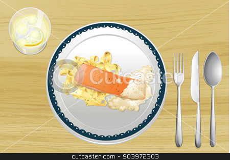 To use this stock image in your creative project, please select the size you need over to the right and click the "Add to Cart" button.
Your downloaded image will come with the Cutcaster watermark removed so don’t worry about the watermark you see on this page. Salmon and pasta stock vector clipart, Illustration of salmon and pasta on a wooden table by Matthew Cole
