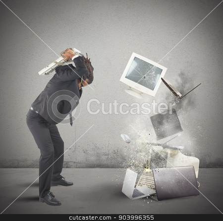 To use this stock image in your creative project, please select the size you need over to the right and click the "Add to Cart" button.
Your downloaded image will come with the Cutcaster watermark removed so don’t worry about the watermark you see on this page. Computer stress stock photo, Businessman stressed out from work breaks computers by Federico Caputo