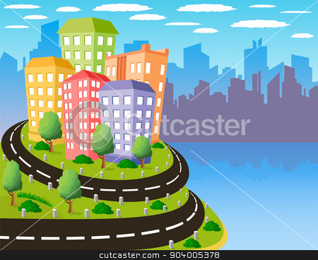 To use this stock image in your creative project, please select the size you need over to the right and click the "Add to Cart" button.
Your downloaded image will come with the Cutcaster watermark removed so don’t worry about the watermark you see on this page. Colorful city stock vector clipart, Cartoon illustration of a road to a city by Volina