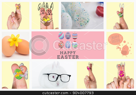 To use this stock image in your creative project, please select the size you need over to the right and click the "Add to Cart" button.
Your downloaded image will come with the Cutcaster watermark removed so don’t worry about the watermark you see on this page. Composite image of fingers as easter bunny stock photo, Fingers as easter bunny against two eggs and a yellow daffodil by Wavebreak Media