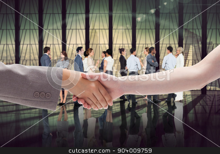 To use this stock image in your creative project, please select the size you need over to the right and click the "Add to Cart" button.
Your downloaded image will come with the Cutcaster watermark removed so don’t worry about the watermark you see on this page. Composite image of handshake between two women stock photo, Handshake between two women against room with large window looking on city by Wavebreak Media