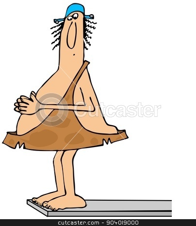 To use this stock image in your creative project, please select the size you need over to the right and click the "Add to Cart" button.
Your downloaded image will come with the Cutcaster watermark removed so don’t worry about the watermark you see on this page. Caveman on a diving board stock photo, This illustration depicts a caveman wearing a swim cap looking down while standing on a diving board. by Dennis Cox
