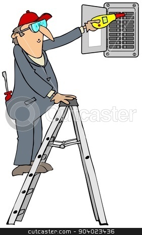To use this stock image in your creative project, please select the size you need over to the right and click the "Add to Cart" button.
Your downloaded image will come with the Cutcaster watermark removed so don’t worry about the watermark you see on this page. Electrician checking breakers stock photo, This illustration depicts an electrician on a ladder checking a breaker box for power. by Dennis Cox
