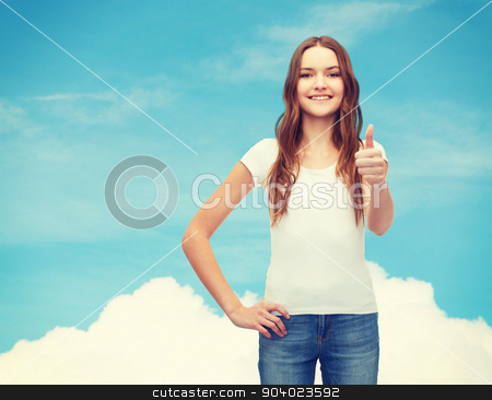 To use this stock image in your creative project, please select the size you need over to the right and click the "Add to Cart" button.
Your downloaded image will come with the Cutcaster watermark removed so don’t worry about the watermark you see on this page. smiling teenager in blank white t-shirt stock photo, t-shirt design concept - smiling teenager in blank white t-shirt showing thumbs up by Syda Productions