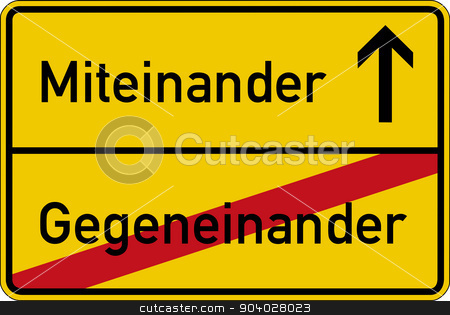 To use this stock image in your creative project, please select the size you need over to the right and click the "Add to Cart" button.
Your downloaded image will come with the Cutcaster watermark removed so don’t worry about the watermark you see on this page. With each other and against each other stock photo, The German words for with each other and against each other (miteinander and gegeneinander) on a road sign by Harry Huber