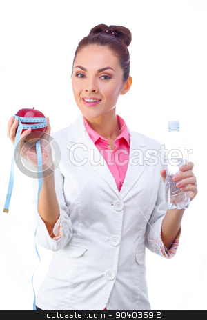 To use this stock image in your creative project, please select the size you need over to the right and click the "Add to Cart" button.
Your downloaded image will come with the Cutcaster watermark removed so don’t worry about the watermark you see on this page. Healthy diet concept stock photo, Doctor nutritionist holding apple with a tape measure on it and bottle of water. Selective focus, isolated on white background. by Dmytro Buianskyi