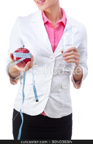 To use this stock image in your creative project, please select the size you need over to the right and click the "Add to Cart" button.
Your downloaded image will come with the Cutcaster watermark removed so don’t worry about the watermark you see on this page. Healthy diet concept stock photo, Doctor nutritionist holding apple with a tape measure on it and bottle of water. Selective focus, isolated on white background. by Dmytro Buianskyi