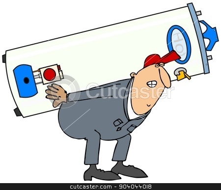 To use this stock image in your creative project, please select the size you need over to the right and click the "Add to Cart" button.
Your downloaded image will come with the Cutcaster watermark removed so don’t worry about the watermark you see on this page. Plumber carrying gas water heater stock photo, This illustration depicts a plumber in coveralls stooped over carrying a gas water heater on his back. by Dennis Cox