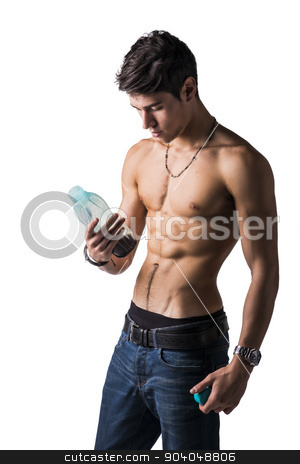 To use this stock image in your creative project, please select the size you need over to the right and click the "Add to Cart" button.
Your downloaded image will come with the Cutcaster watermark removed so don’t worry about the watermark you see on this page. Athletic shirtless young man holding protein shake bottle stock photo, Athletic shirtless young man holding protein shake bottle, ready for drinking. Isolated on white, looking at the bottle by Stefano Cavoretto