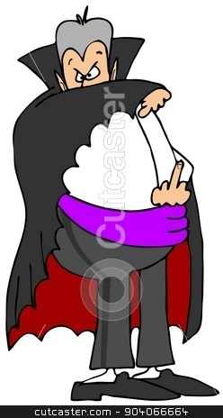 To use this stock image in your creative project, please select the size you need over to the right and click the "Add to Cart" button.
Your downloaded image will come with the Cutcaster watermark removed so don’t worry about the watermark you see on this page. Vampire flipping the bird stock photo, This illustration depicts a vampire holding his cloak to cover his face and flipping the bird. by Dennis Cox
