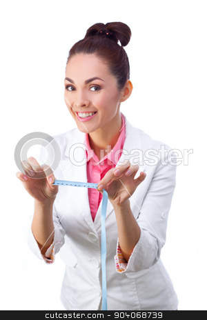 To use this stock image in your creative project, please select the size you need over to the right and click the "Add to Cart" button.
Your downloaded image will come with the Cutcaster watermark removed so don’t worry about the watermark you see on this page. Healthy diet concept stock photo, Cheerful woman holding a tape measure . Selective focus, isolated on white background. by Dmytro Buianskyi