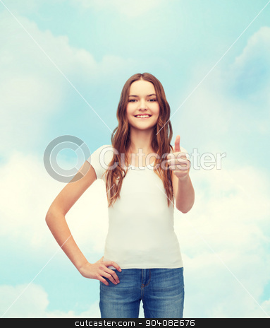To use this stock image in your creative project, please select the size you need over to the right and click the "Add to Cart" button.
Your downloaded image will come with the Cutcaster watermark removed so don’t worry about the watermark you see on this page. smiling teenager in blank white t-shirt stock photo, t-shirt design concept - smiling teenager in blank white t-shirt showing thumbs up by Syda Productions