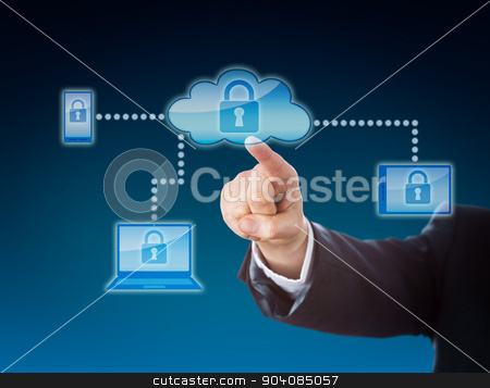 To use this stock image in your creative project, please select the size you need over to the right and click the "Add to Cart" button.
Your downloaded image will come with the Cutcaster watermark removed so don’t worry about the watermark you see on this page. Cloud Computing Security Metaphor In Blue stock photo, Cloud computing security business metaphor in blue colors. Corporate arm reaching out to a lock symbol inside a cloud icon. The padlock repeats on cellphone, tablet PC and laptop within the network. by Leo Wolfert