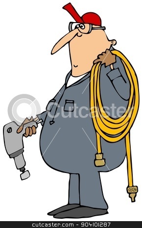 To use this stock image in your creative project, please select the size you need over to the right and click the "Add to Cart" button.
Your downloaded image will come with the Cutcaster watermark removed so don’t worry about the watermark you see on this page. Worker with an impact gun stock photo, This illustration depicts a worker carrying an air hose and an impact gun. by Dennis Cox