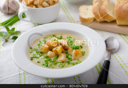 To use this stock image in your creative project, please select the size you need over to the right and click the "Add to Cart" button.
Your downloaded image will come with the Cutcaster watermark removed so don’t worry about the watermark you see on this page. Garlic soup with croutons, spring onions and chives stock photo, Garlic soup - bio garlic, red onion, all natural ingredients, eat clean by Peteer