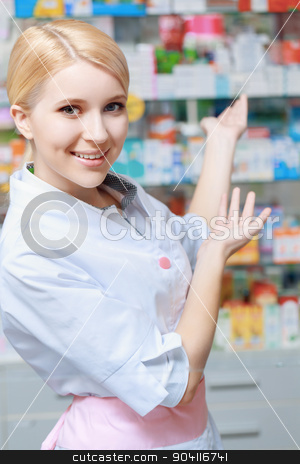 To use this stock image in your creative project, please select the size you need over to the right and click the "Add to Cart" button.
Your downloaded image will come with the Cutcaster watermark removed so don’t worry about the watermark you see on this page. Pharmacist working at the drugstore stock photo, Big choice of medicines. Female smiling pharmacist presenting blurred range of medication on the background by Viacheslav Iakobchuk