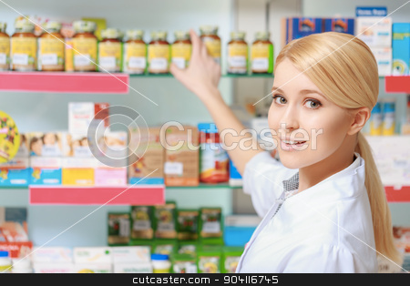 To use this stock image in your creative project, please select the size you need over to the right and click the "Add to Cart" button.
Your downloaded image will come with the Cutcaster watermark removed so don’t worry about the watermark you see on this page. Chemist points to the show case stock photo, Follow the prescription. Young blonde pharmacist picking medicine and drugs from shelves in the drugstore by Viacheslav Iakobchuk