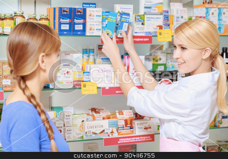 To use this stock image in your creative project, please select the size you need over to the right and click the "Add to Cart" button.
Your downloaded image will come with the Cutcaster watermark removed so don’t worry about the watermark you see on this page. Pharmacist and a customer choosing medicine stock photo, Quick and effective treatment. Young blonde druggist picks medicines from the shelf and talks to the female customer by Viacheslav Iakobchuk