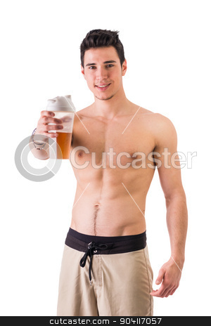 To use this stock image in your creative project, please select the size you need over to the right and click the "Add to Cart" button.
Your downloaded image will come with the Cutcaster watermark removed so don’t worry about the watermark you see on this page. Attractive young man holding protein shake bottle stock photo, Athletic shirtless young man holding protein shake bottle, ready for drinking. Isolated on white, looking at camera smiling by Stefano Cavoretto