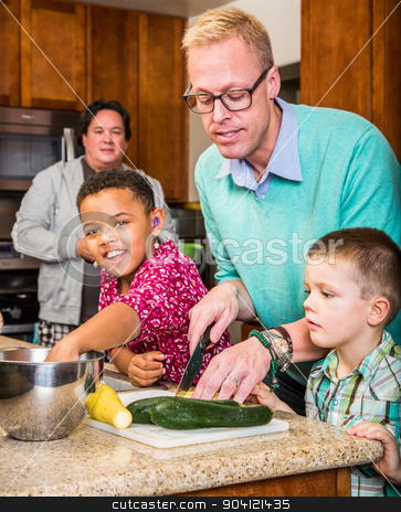 To use this stock image in your creative project, please select the size you need over to the right and click the "Add to Cart" button.
Your downloaded image will come with the Cutcaster watermark removed so don’t worry about the watermark you see on this page. Happy Gay Fathers stock photo, Happy gay fathers with their children in the kitchen by Scott Griessel