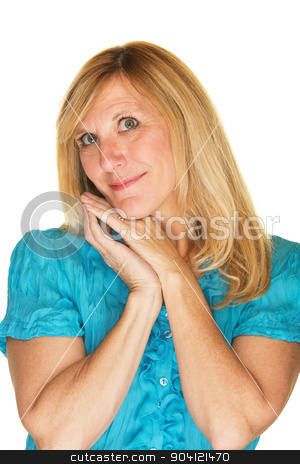 To use this stock image in your creative project, please select the size you need over to the right and click the "Add to Cart" button.
Your downloaded image will come with the Cutcaster watermark removed so don’t worry about the watermark you see on this page. Hopeful Woman Leaning Over stock photo, Beautiful contented blond adult with hands on cheek by Scott Griessel