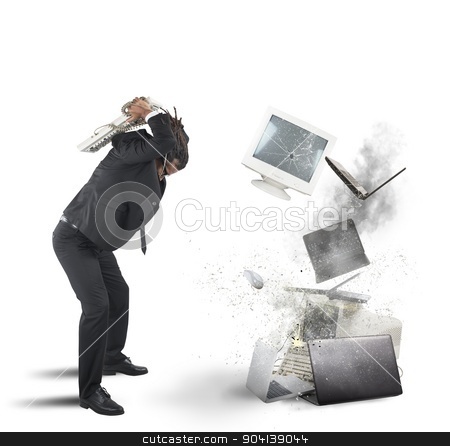 To use this stock image in your creative project, please select the size you need over to the right and click the "Add to Cart" button.
Your downloaded image will come with the Cutcaster watermark removed so don’t worry about the watermark you see on this page. Computer stress stock photo, Businessman stressed out from work breaks computers by Federico Caputo