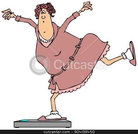 To use this stock image in your creative project, please select the size you need over to the right and click the "Add to Cart" button.
Your downloaded image will come with the Cutcaster watermark removed so don’t worry about the watermark you see on this page. Woman balancing on bathroom scales stock photo, This illustration depicts a woman in a bathrobe standing on bathroom scales with one leg. by Dennis Cox