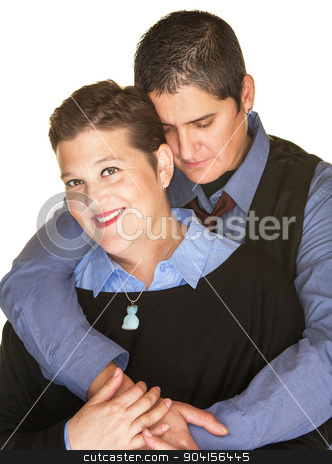 To use this stock image in your creative project, please select the size you need over to the right and click the "Add to Cart" button.
Your downloaded image will come with the Cutcaster watermark removed so don’t worry about the watermark you see on this page. Contented Woman Held By Girlfriend stock photo, Smiling lesbian female held by partner from back by Scott Griessel