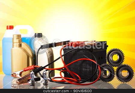 To use this stock image in your creative project, please select the size you need over to the right and click the "Add to Cart" button.
Your downloaded image will come with the Cutcaster watermark removed so don’t worry about the watermark you see on this page. Set of auto parts, car battery on vivid moto concept stock photo, Set of auto parts, car battery on vivid moto concept by Sebastian Duda