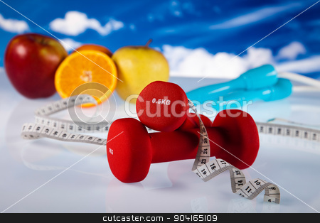 To use this stock image in your creative project, please select the size you need over to the right and click the "Add to Cart" button.
Your downloaded image will come with the Cutcaster watermark removed so don’t worry about the watermark you see on this page. Dumbbells, fresh food and measure tape stock photo, Dumbbells, fresh food and measure tape by Sebastian Duda