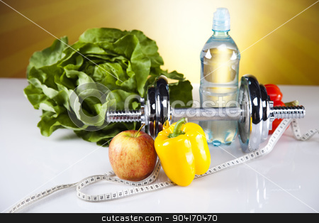 To use this stock image in your creative project, please select the size you need over to the right and click the "Add to Cart" button.
Your downloaded image will come with the Cutcaster watermark removed so don’t worry about the watermark you see on this page. Fitness food stock photo, Dumbbells, fresh food and measure tape by Sebastian Duda