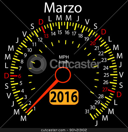 To use this stock image in your creative project, please select the size you need over to the right and click the "Add to Cart" button.
Your downloaded image will come with the Cutcaster watermark removed so don’t worry about the watermark you see on this page. 2016 year calendar speedometer car in Spanish, March. Vector ill stock vector clipart, 2016 year calendar speedometer car in Spanish, March. Vector illustration. by aarrows