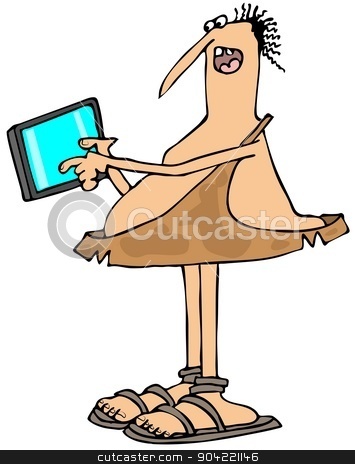 To use this stock image in your creative project, please select the size you need over to the right and click the "Add to Cart" button.
Your downloaded image will come with the Cutcaster watermark removed so don’t worry about the watermark you see on this page. Caveman with a tablet stock photo, This illustration depicts a caveman showing his new tablet computer. by Dennis Cox