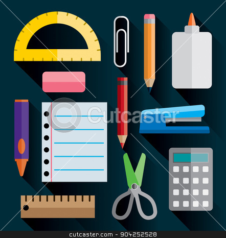 To use this stock image in your creative project, please select the size you need over to the right and click the "Add to Cart" button.
Your downloaded image will come with the Cutcaster watermark removed so don’t worry about the watermark you see on this page. Office and School Supplies Flat Images Illustration stock vector clipart, A set of office and school supplies illustrated in simple flat design. Vector EPS 10 available. by Jason Enterline
