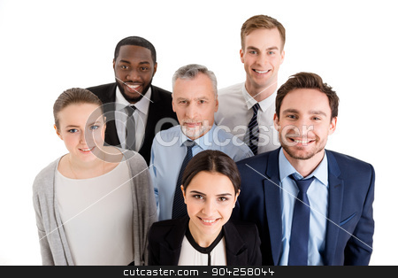 To use this stock image in your creative project, please select the size you need over to the right and click the "Add to Cart" button.
Your downloaded image will come with the Cutcaster watermark removed so don’t worry about the watermark you see on this page. Concept for multi-ethnic business team stock photo, Multi-ethnic business team standing isolated on white, smiling and looking up to camera by Dmytro Sidelnikov