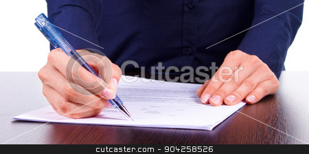 To use this stock image in your creative project, please select the size you need over to the right and click the "Add to Cart" button.
Your downloaded image will come with the Cutcaster watermark removed so don’t worry about the watermark you see on this page. Woman signs a contract on a table, isolated over white stock photo, Woman in blue shirt signs a contract on a table, isolated over white by Ivanna Davydiuk