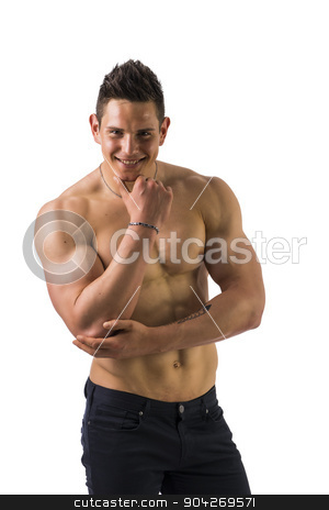 To use this stock image in your creative project, please select the size you need over to the right and click the "Add to Cart" button.
Your downloaded image will come with the Cutcaster watermark removed so don’t worry about the watermark you see on this page. Muscular young bodybuilder in relaxed pose, smiling stock photo, Muscular young bodybuilder in relaxed pose, smiling and looking at camera. Isolated on white, wearing black pants by Stefano Cavoretto