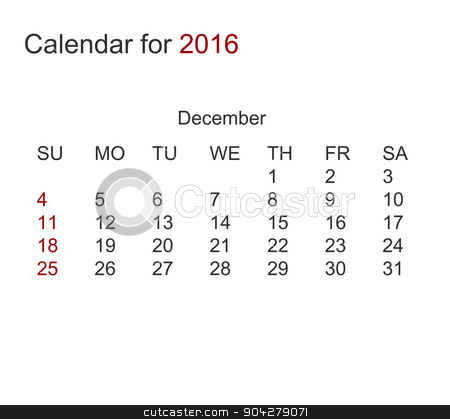 To use this stock image in your creative project, please select the size you need over to the right and click the "Add to Cart" button.
Your downloaded image will come with the Cutcaster watermark removed so don’t worry about the watermark you see on this page. Vector modern calendar for december 2016 stock vector clipart, Vector modern calendar for december 2016 year by petr zaika