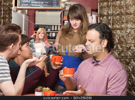 To use this stock image in your creative project, please select the size you need over to the right and click the "Add to Cart" button.
Your downloaded image will come with the Cutcaster watermark removed so don’t worry about the watermark you see on this page. Bad Coffee stock photo, Dissatisfied customers and waitress at coffee house by Scott Griessel